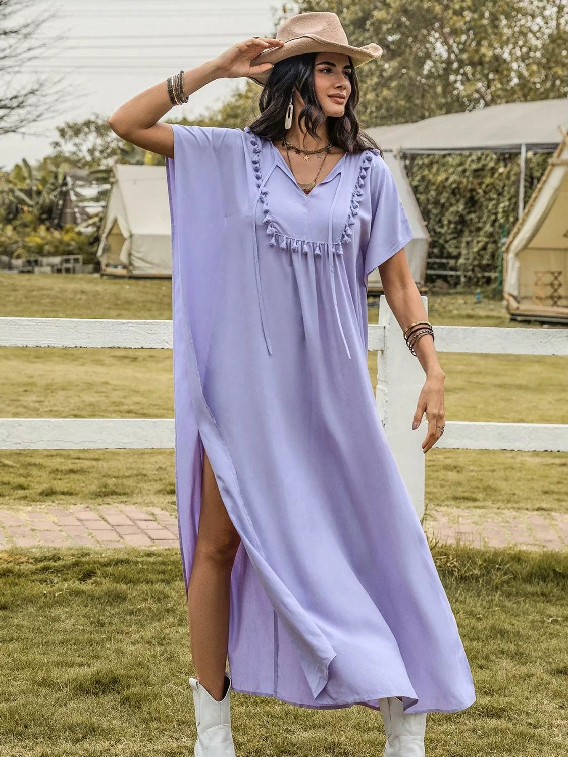 Side Slit Tie Neck Flutter Sleeve Dress