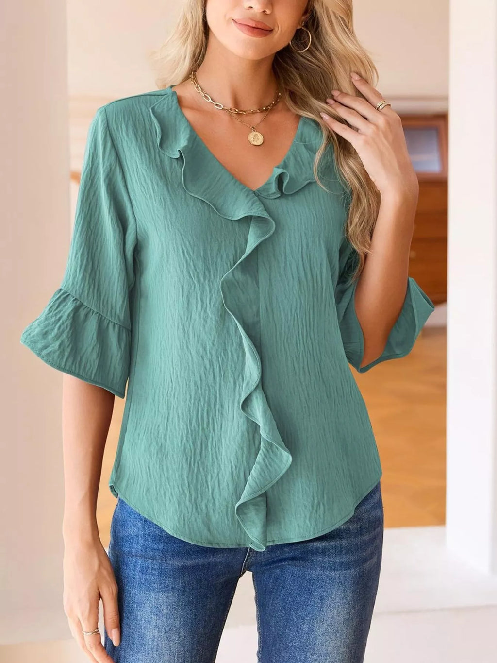 Ruffled Flounce Sleeve Blouse