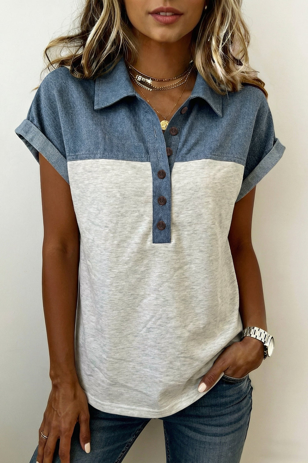 Colorblock Denim Patchwork Buttoned Polo Top