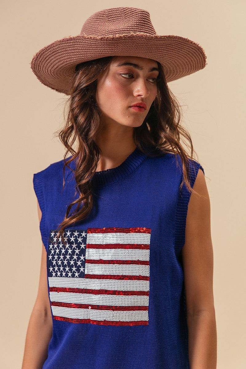 BiBi American Flag Sequins Patch Knit Vest