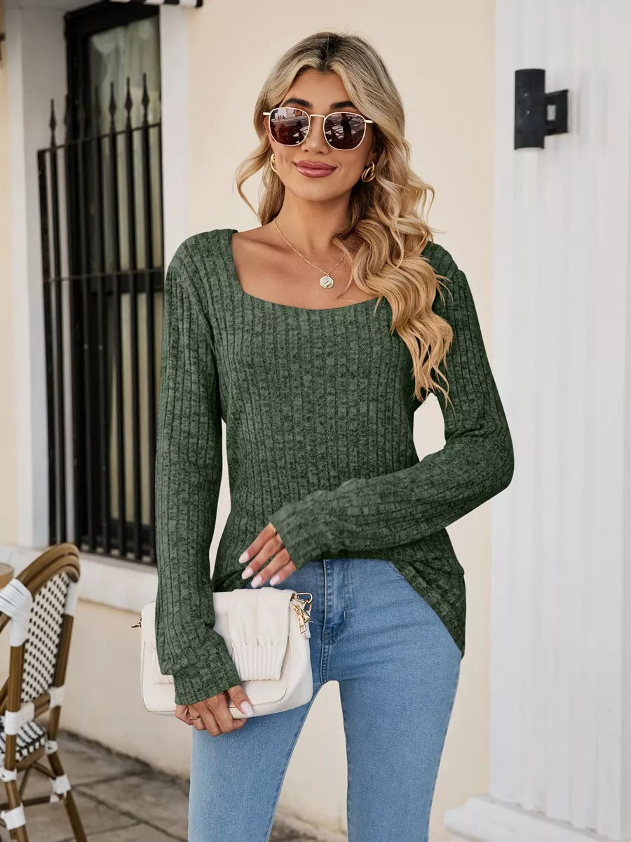 Ribbed Square Neck Long Sleeve T-Shirt