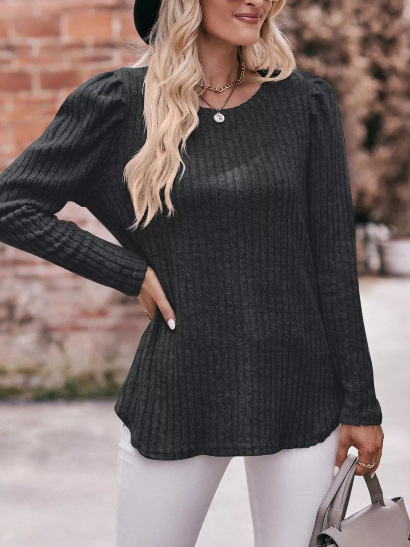 Ribbed Knit Puff Sleeve T-Shirt