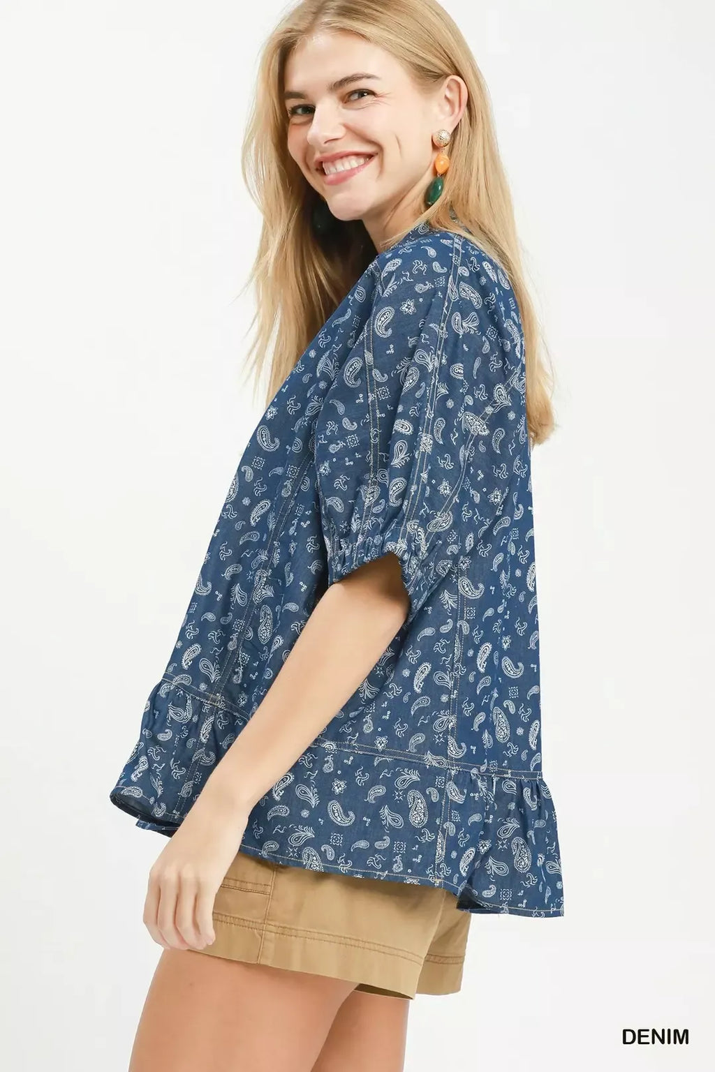 Umgee Paisley Print Chambray Top