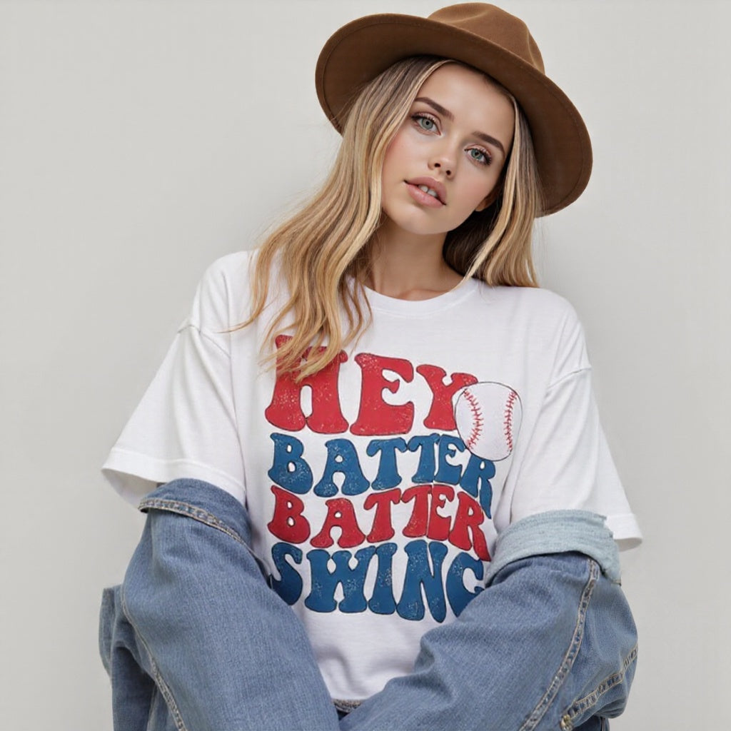 Baseball Mom Oversized Shirt – “Hey Batter Batter” Graphic Tee