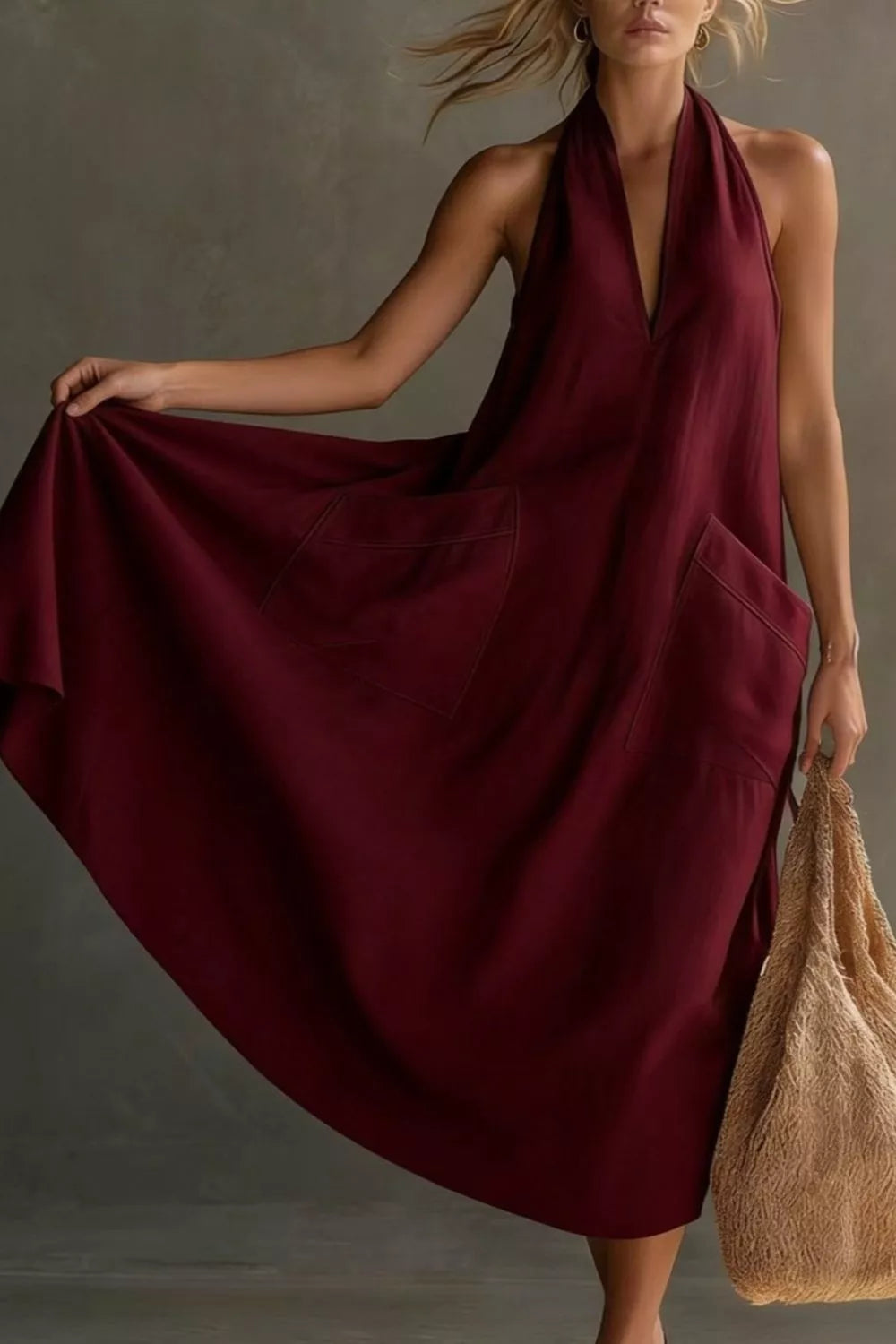 Casual Halter Neck Pocket Midi Dress