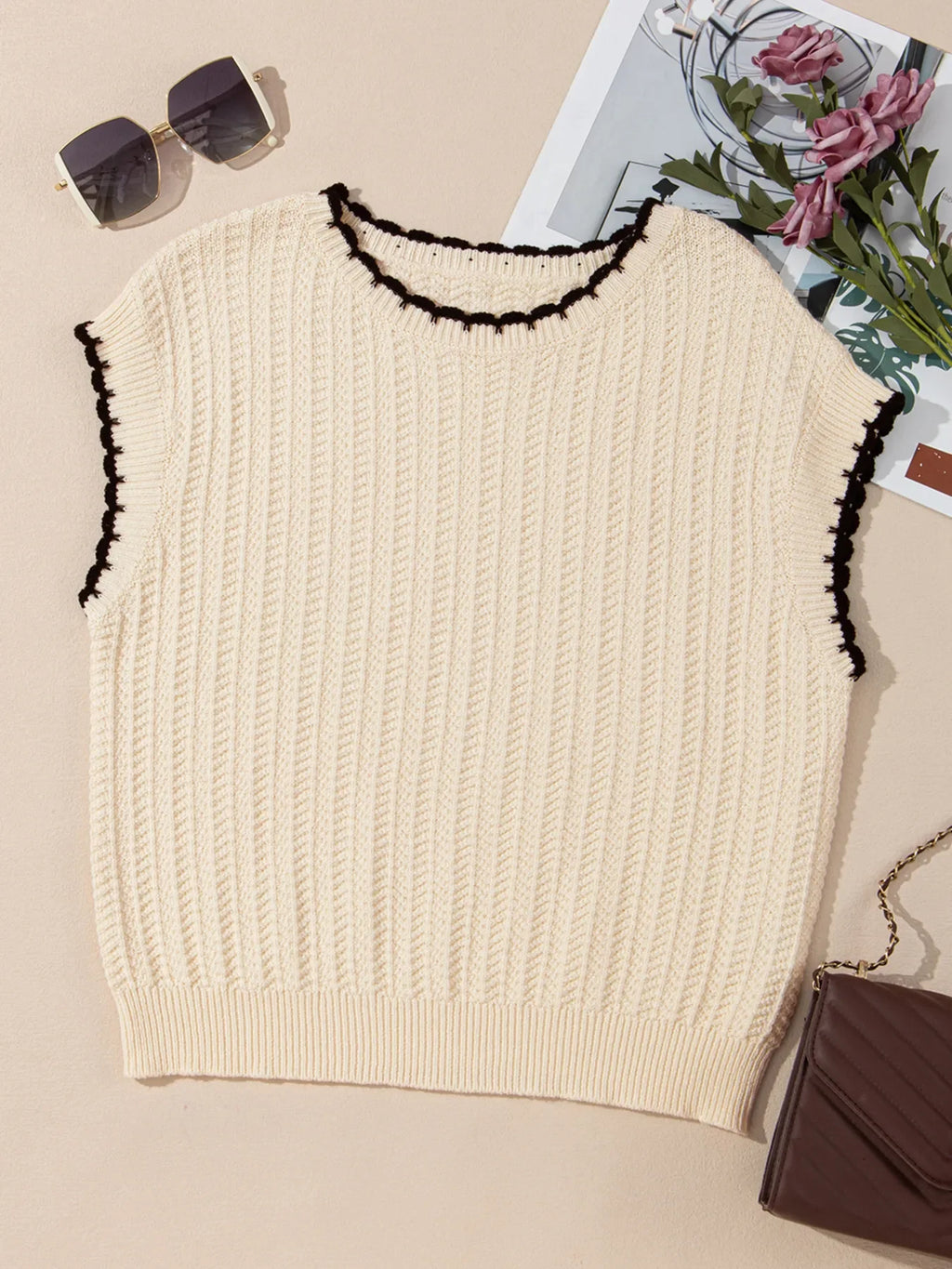 Contrast Trim Boxy Fit Sweater Vest
