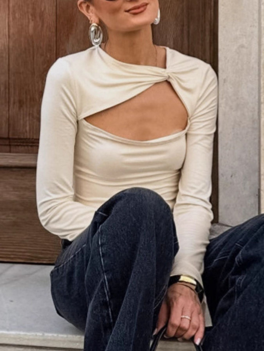 Cutout Knot Front Long Sleeve Top