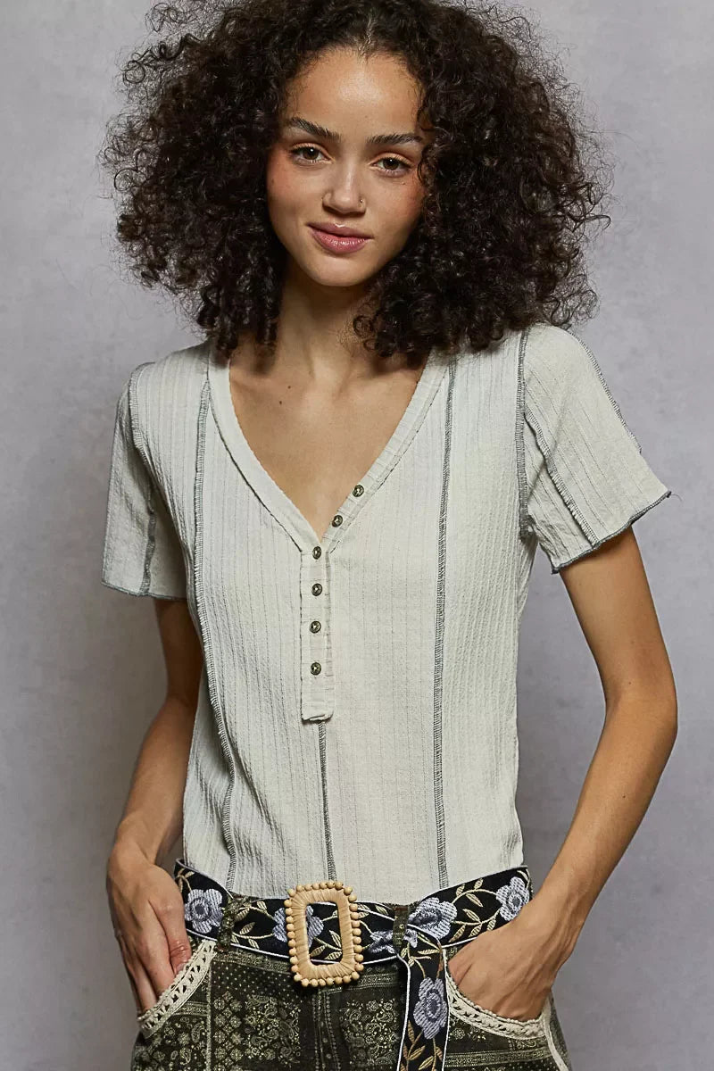 POL V-Neck Short Sleeve Top with Stitch Seam Detail