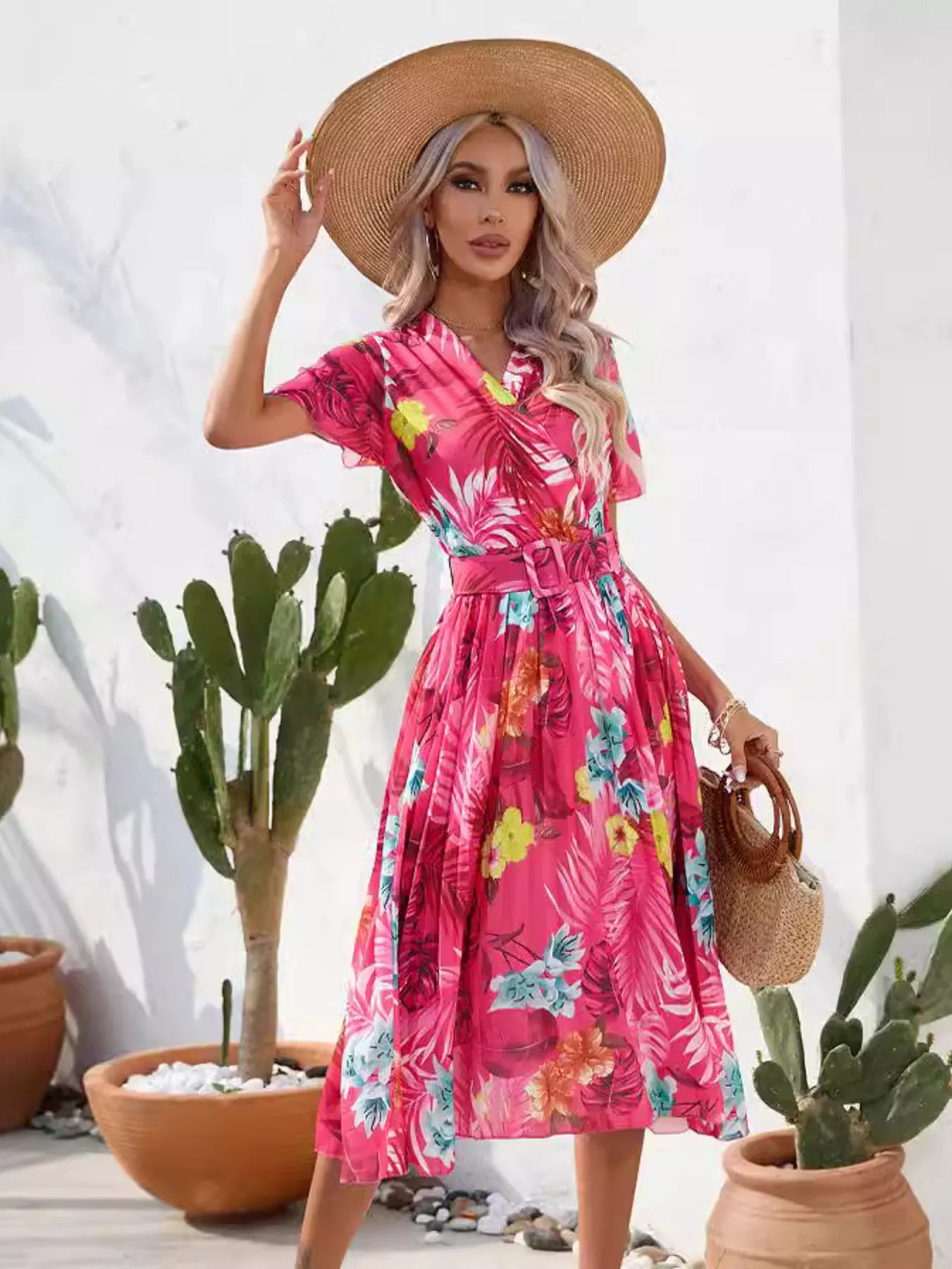 Pleated Tropical Print Belted Midi Dress