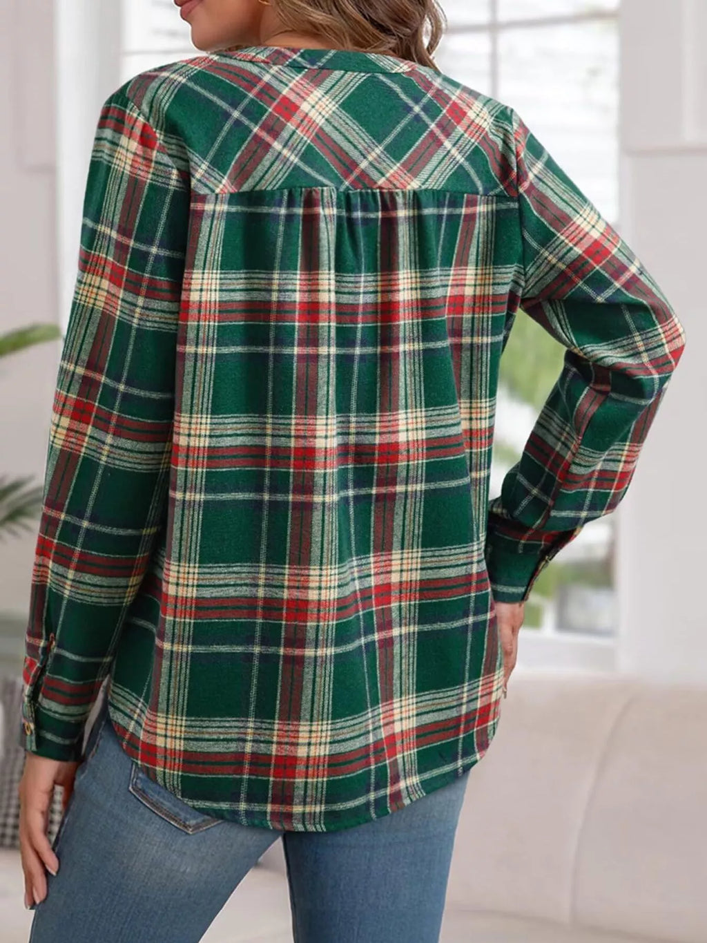 Plaid Half Button Long Sleeve Blouse