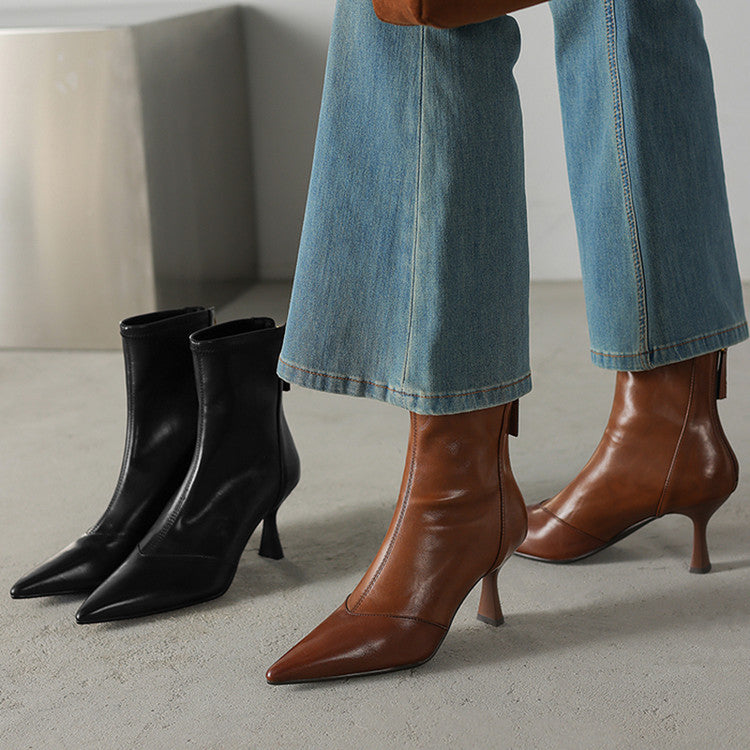 Women’s Cowhide Pointed Toe Stiletto Ankle Boots – Back Zipper High Heel Booties