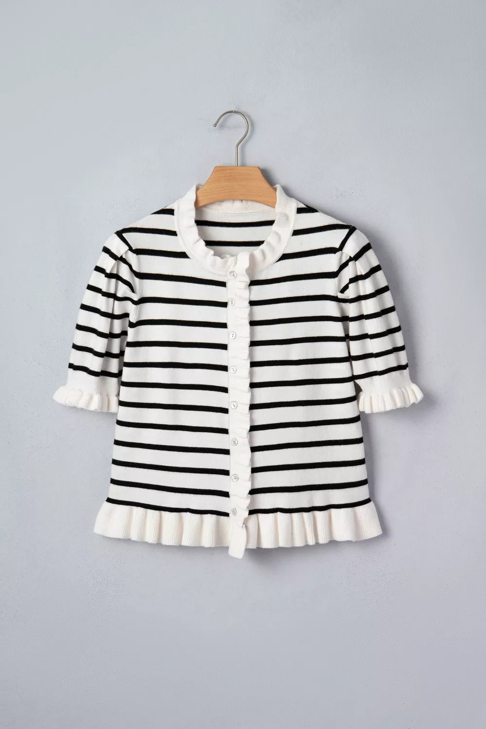 Stripe Ruffle Trim Button Down Knit Short Sleeve Sweater Cardigan