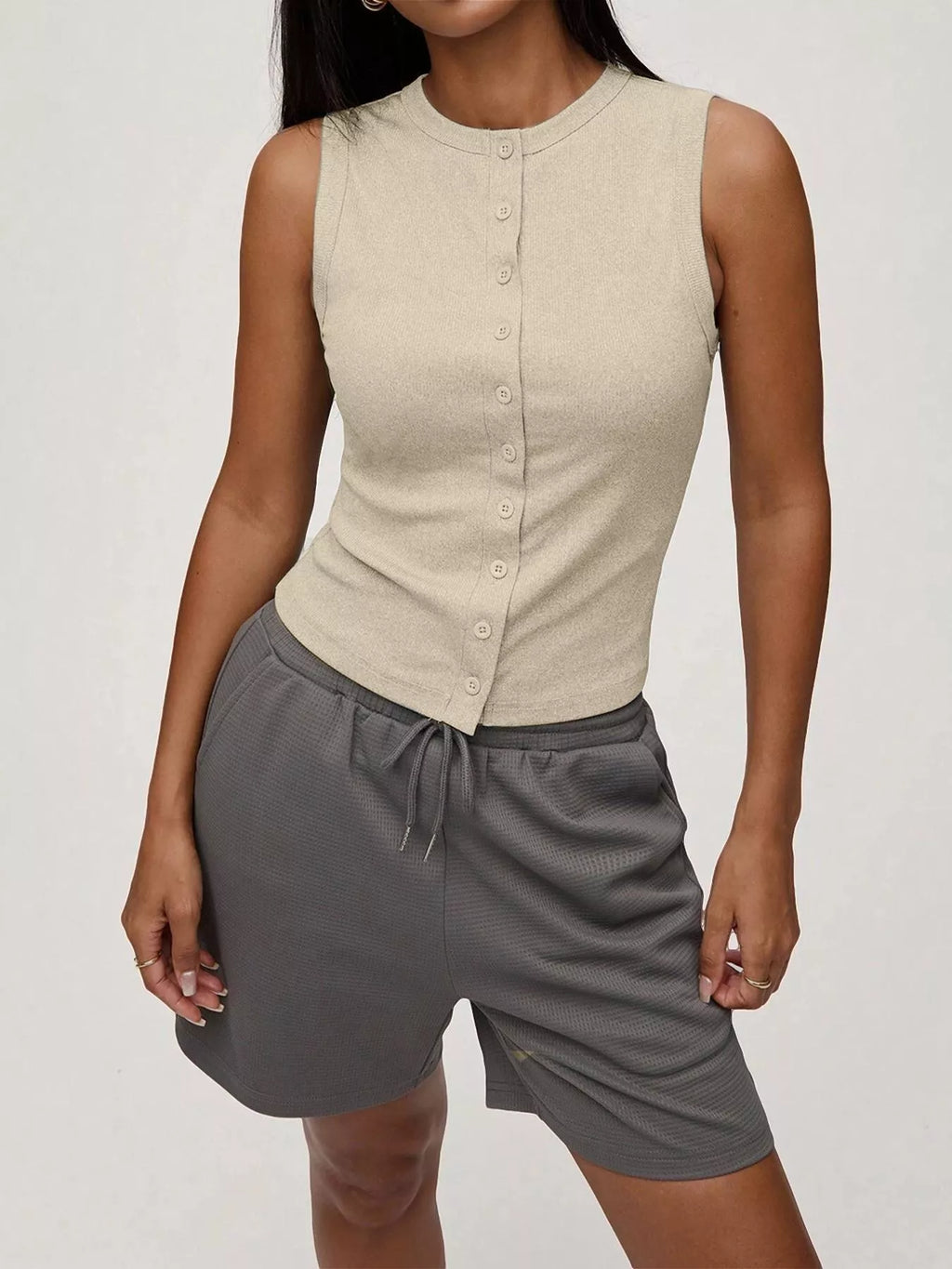 Ribbed Button-Front Sleeveless Tank