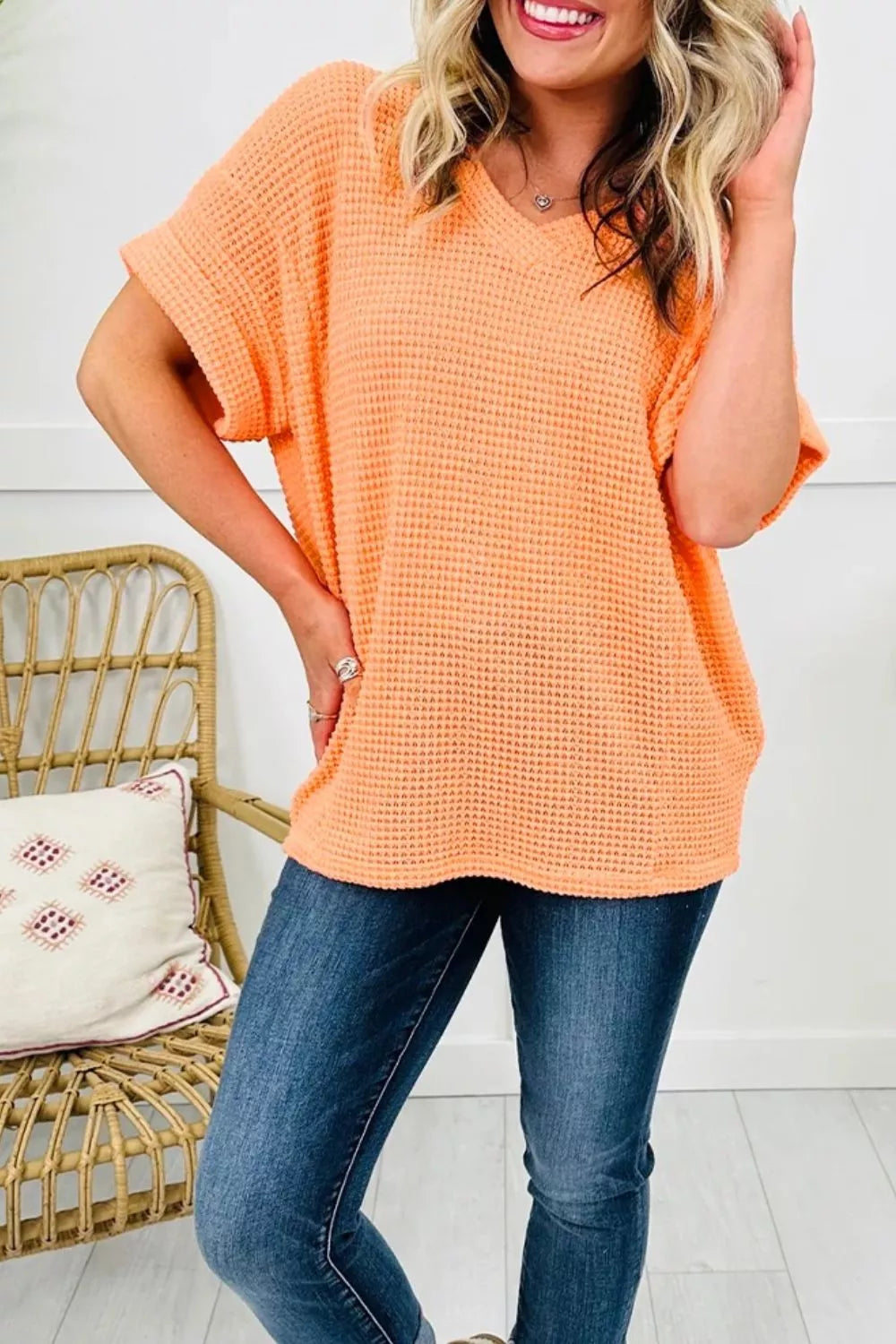 Textured Waffle Knit V-Neck T-Shirt