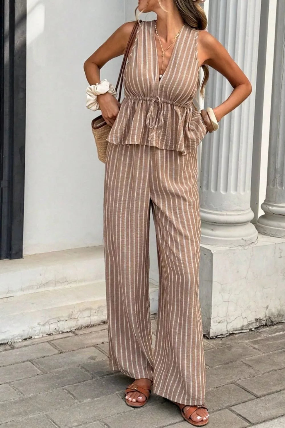 Striped Sleeveless Top and Wide Leg Pants Set