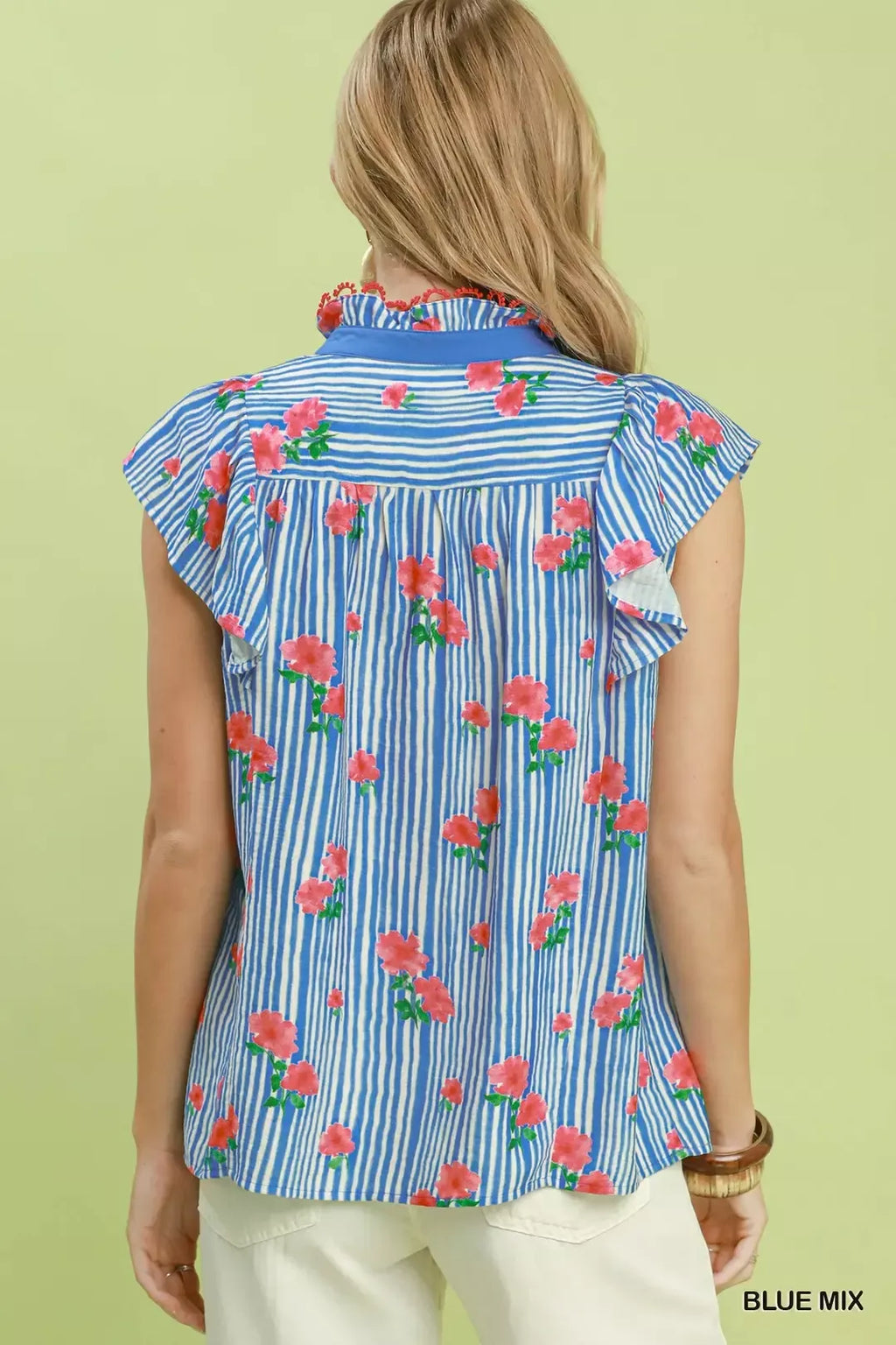 Umgee Striped Floral Ruffle Sleeve Top with Contrast Trim