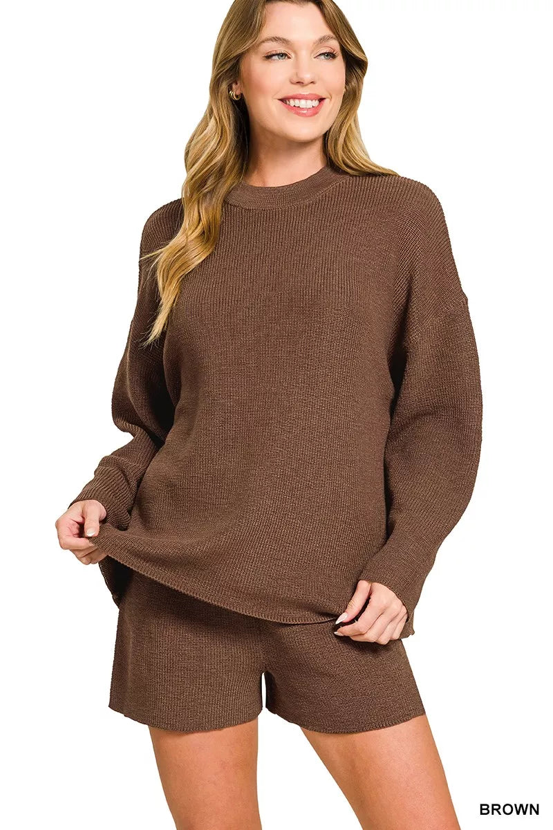 Zenana Round Neck Knit Top and Shorts Sweater Set