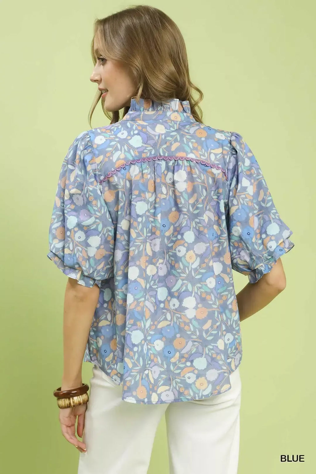 Umgee Smocked Floral Ruffle Trim Top