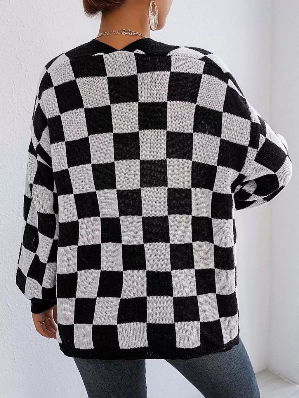Checkerboard Pattern Open Front Knit Cardigan