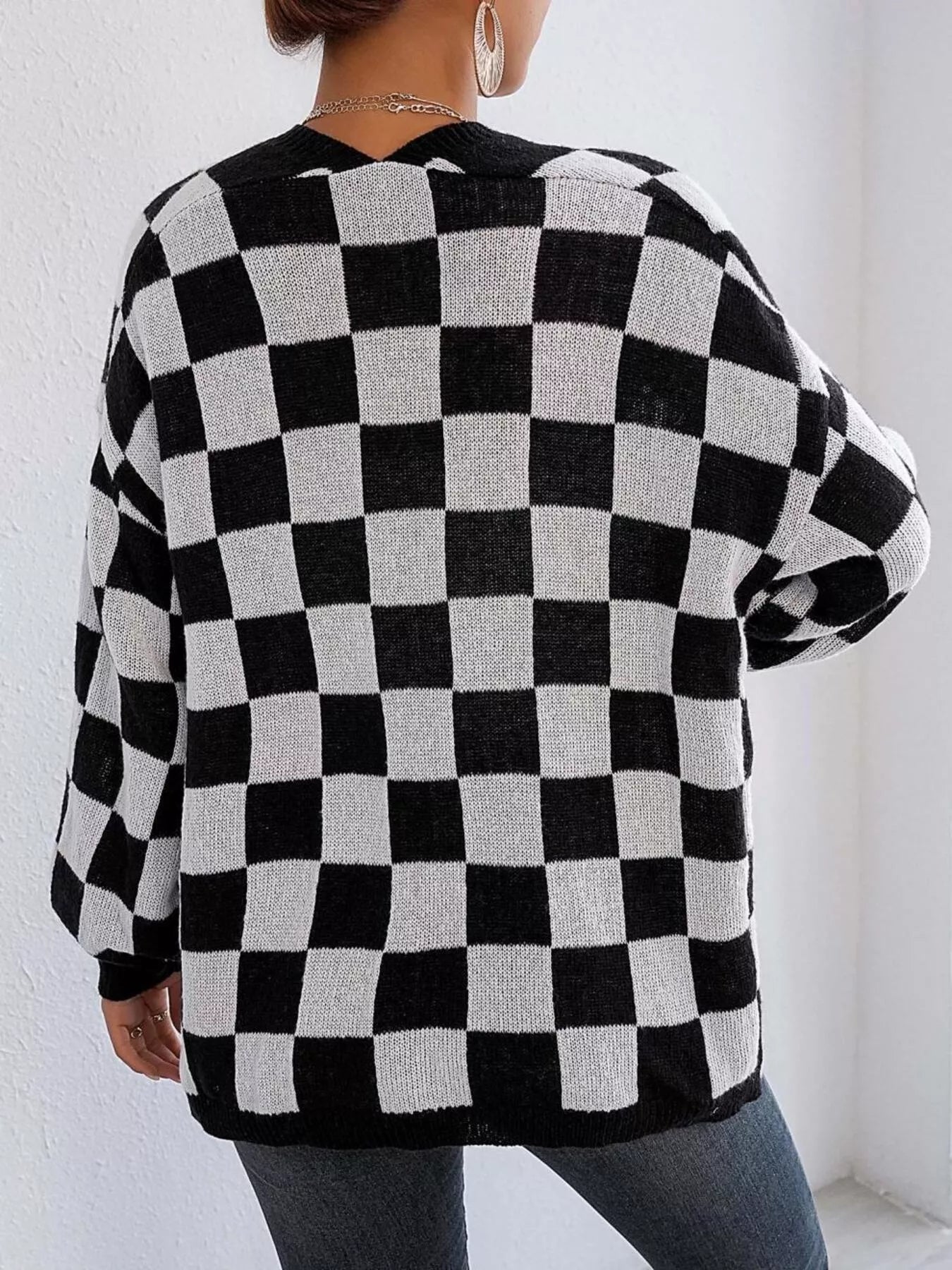 Checkerboard Pattern Open Front Knit Cardigan