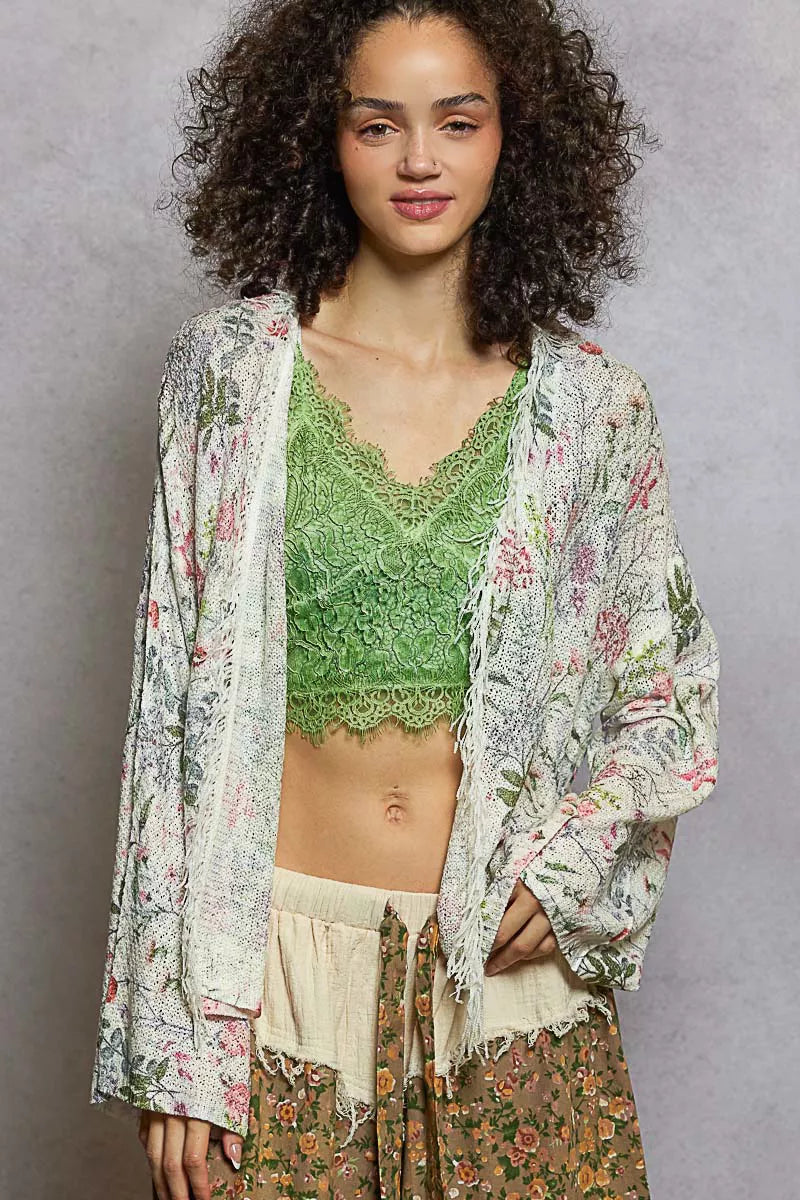 POL Open Front Floral Cardigan with Center Open Fringe
