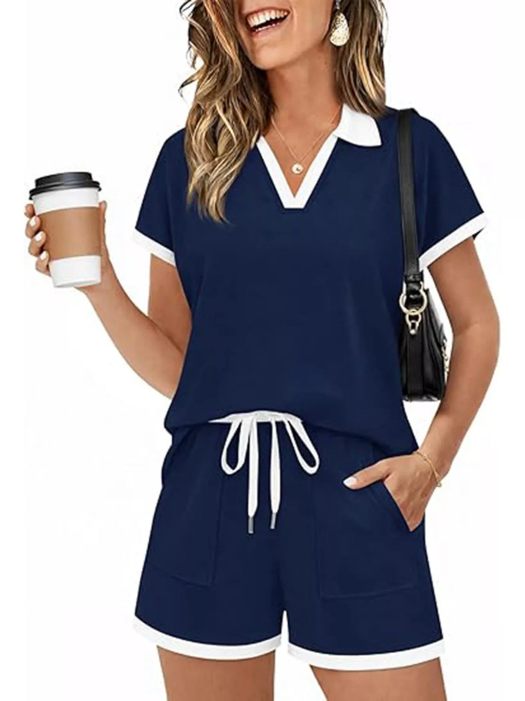 Polo Collar Short Sleeve Top and Shorts Set