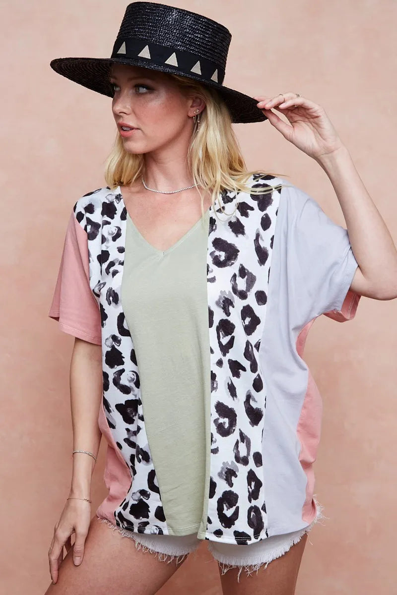 BiBi Cotton Span Knit With Leopard Color Block Top