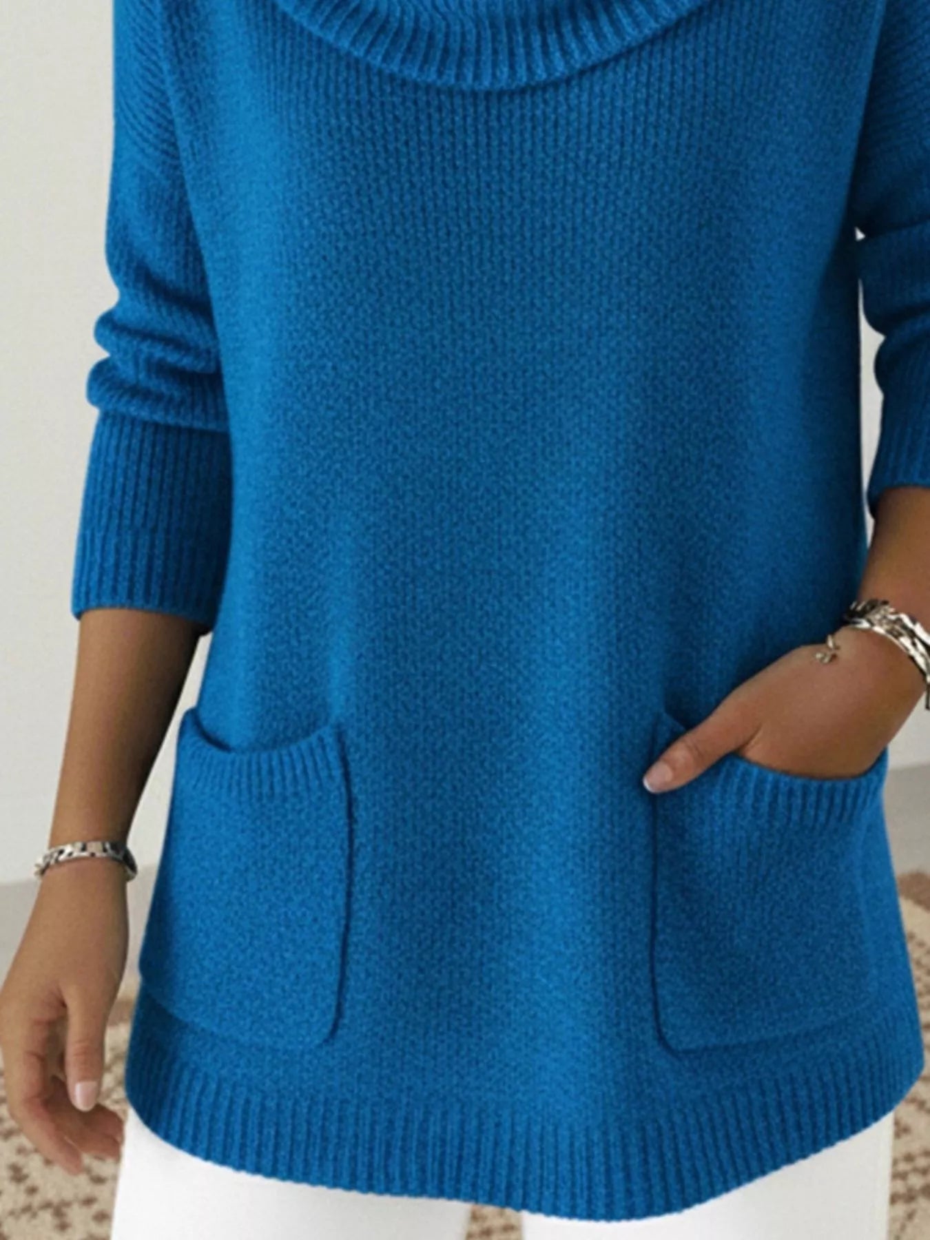 Full Size Cowl Neck Long Sleeve Sweater with Pockes Plus Size