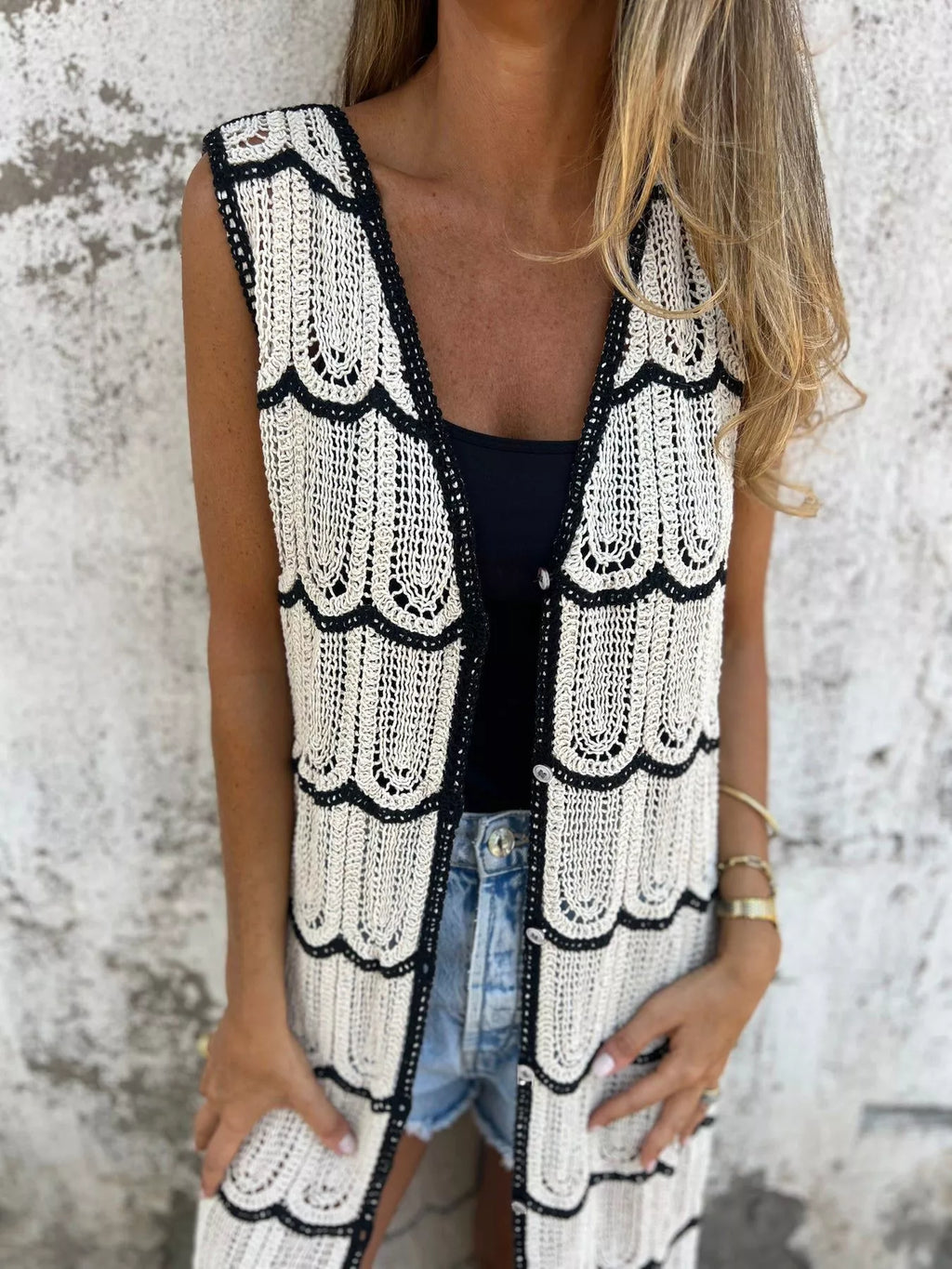 Sleeveless Crochet Longline Cardigan