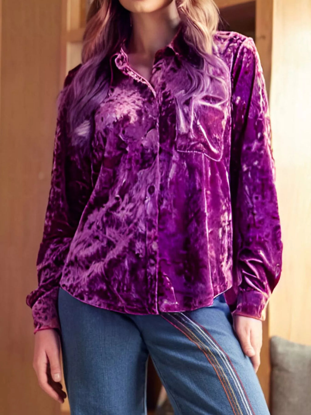Velvet Button-Down Long Sleeve Shirt