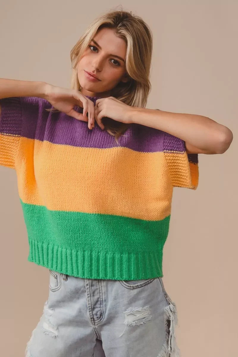 BiBi Mardi Gras Color Block Drop Shoulder Sweater Top