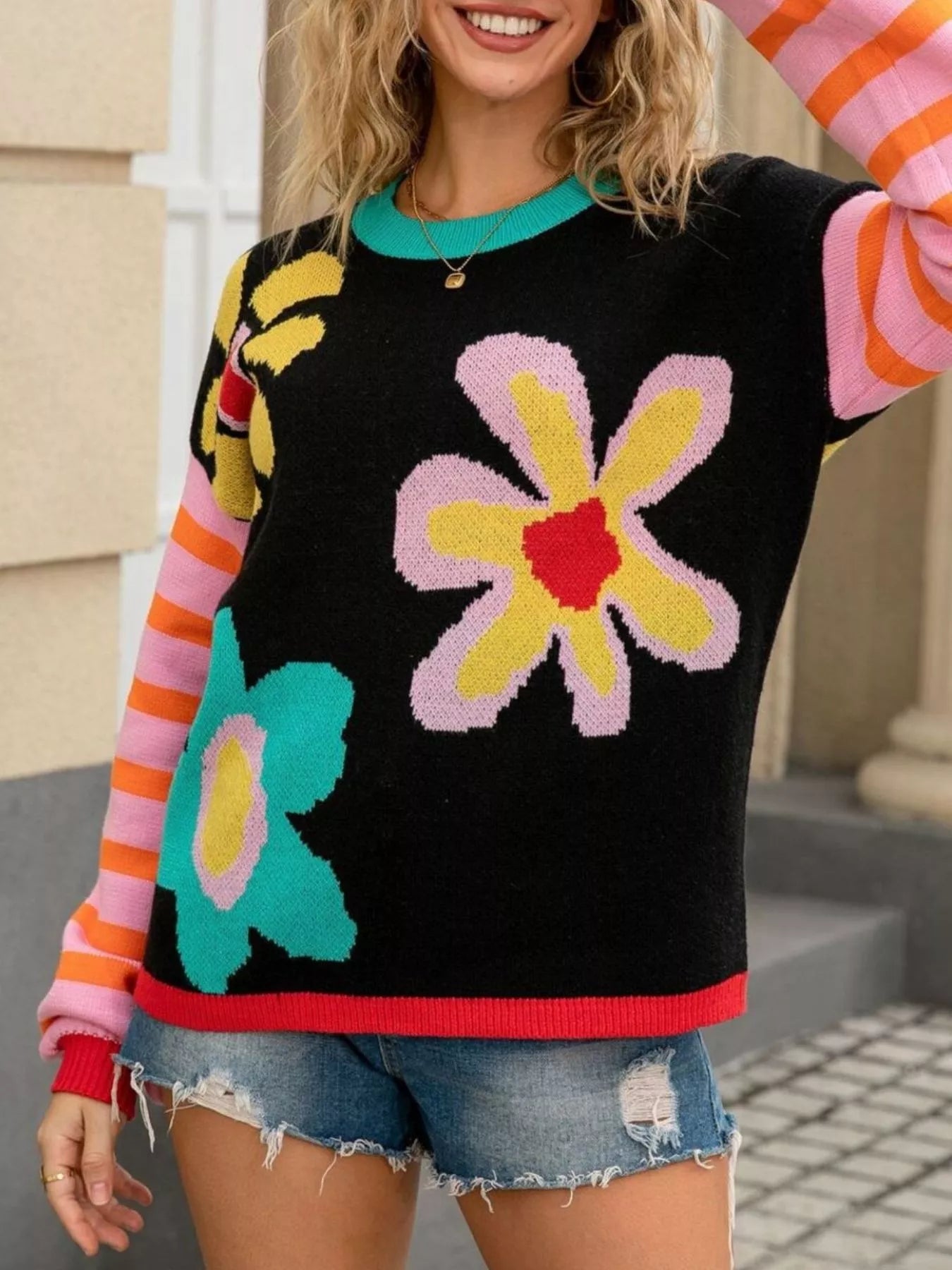 Floral Striped Crew Neck Sweater