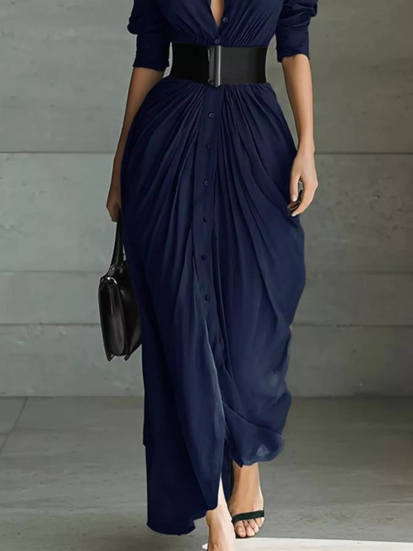 Full Size Button Front Ruched Shirt Maxi Dress Plus Size