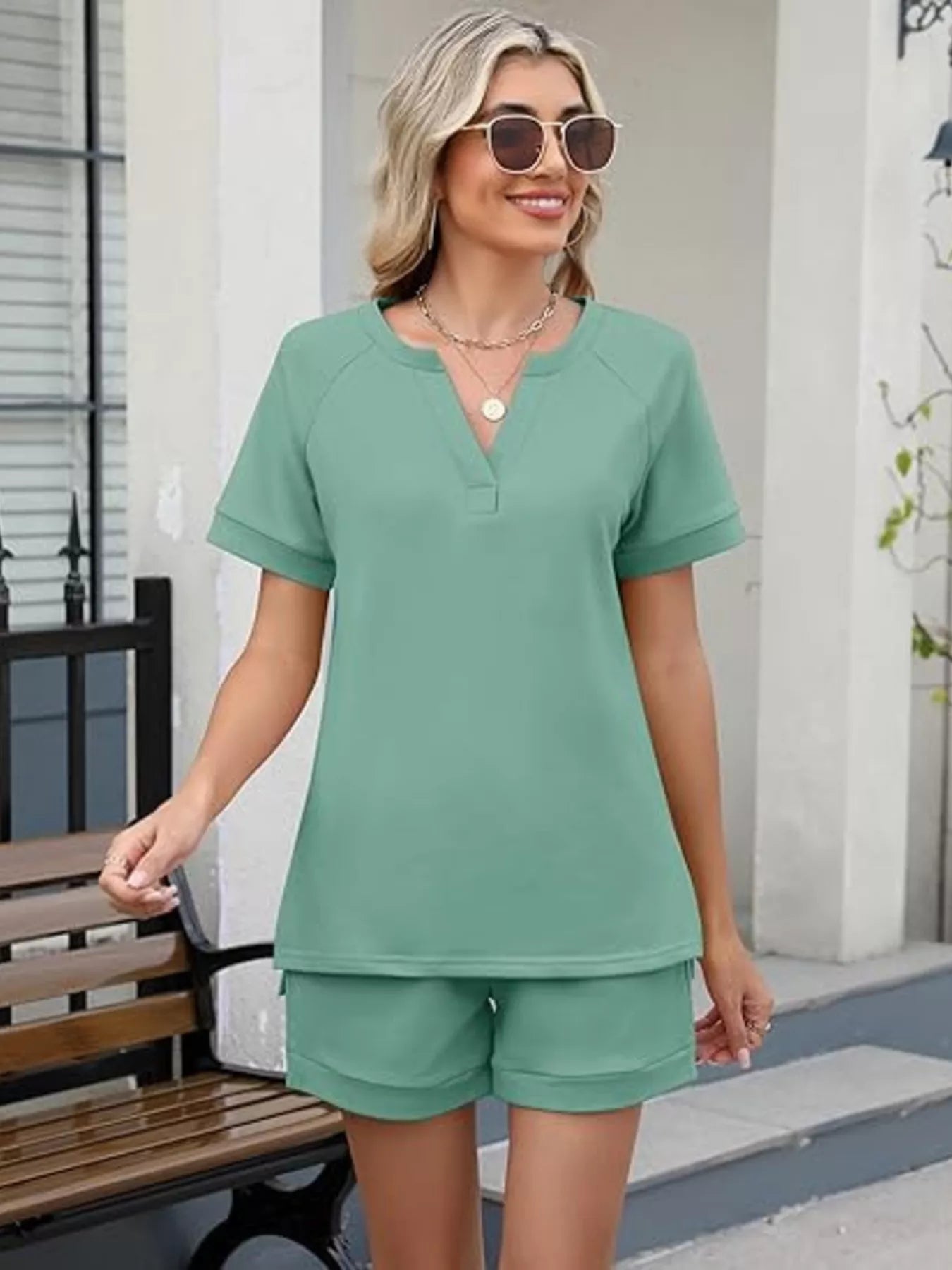 Solid Color Short Sleeve Top and Shorts Two-Piece Set