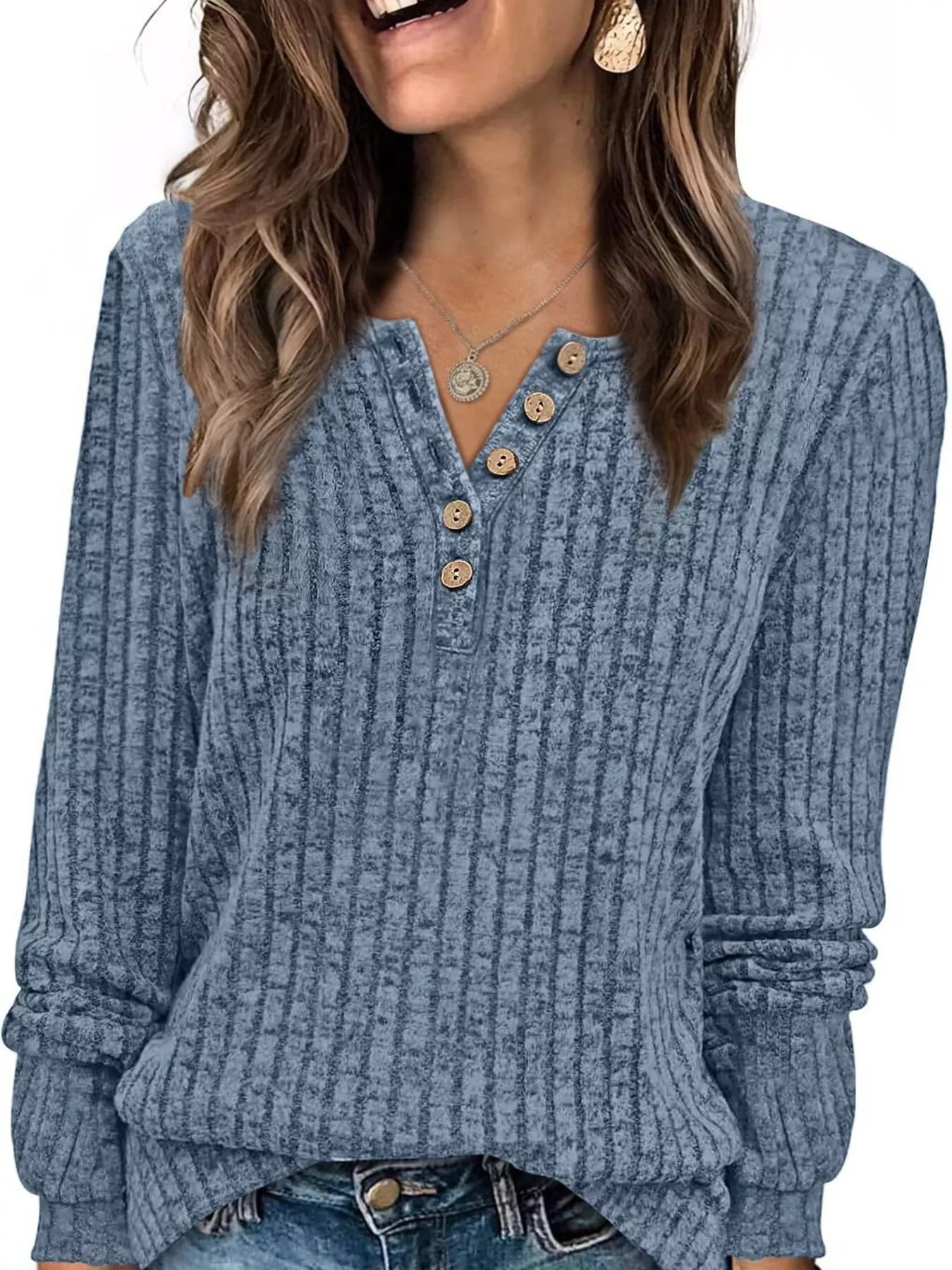 Ribbed Knit Button-Front Long Sleeve T-Shirt