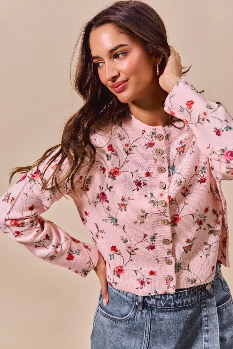 SO ME Floral Print Button Front Sweater Cardigan Top
