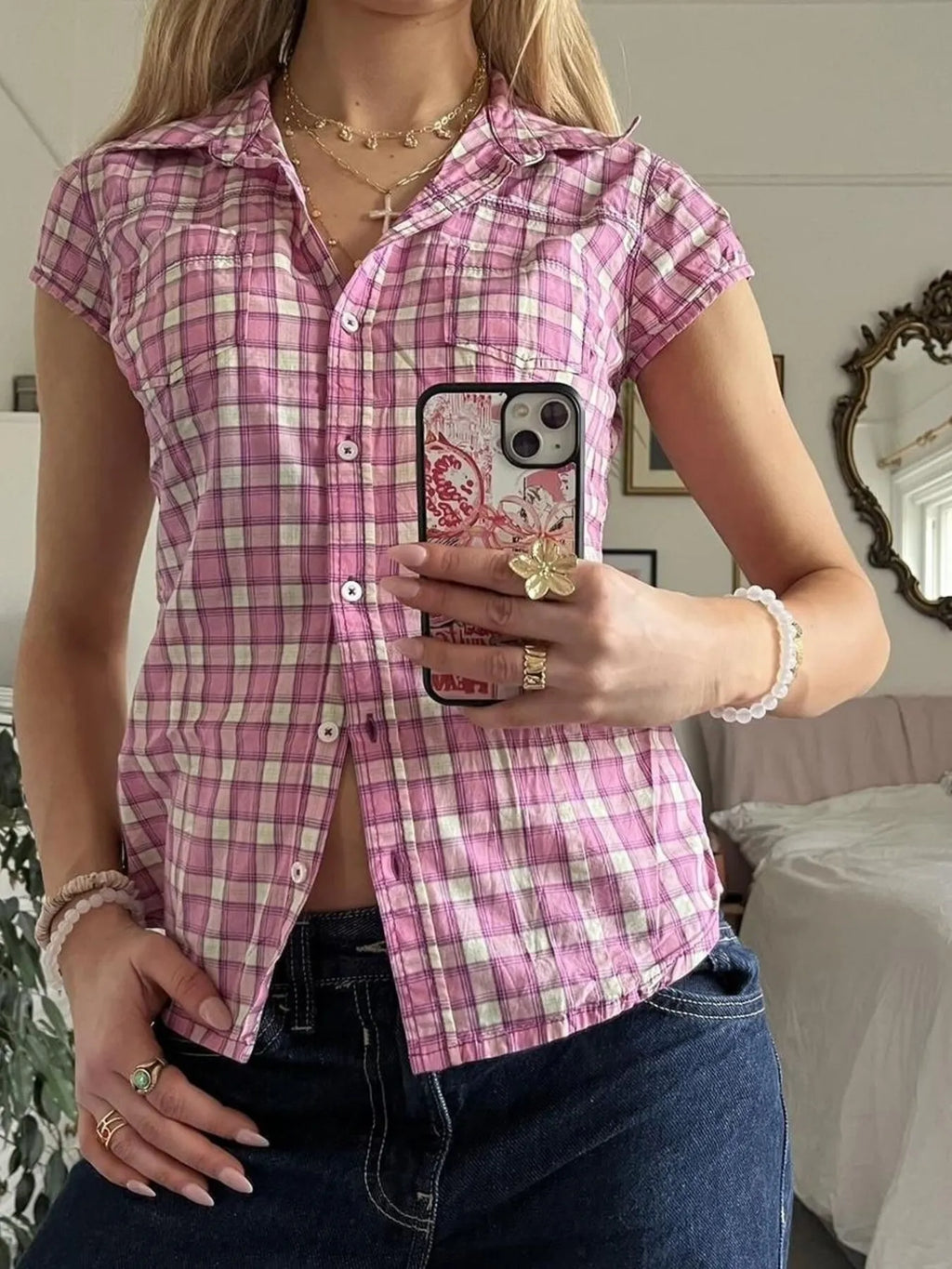 Plaid Cap Sleeve Button-Up Shirt