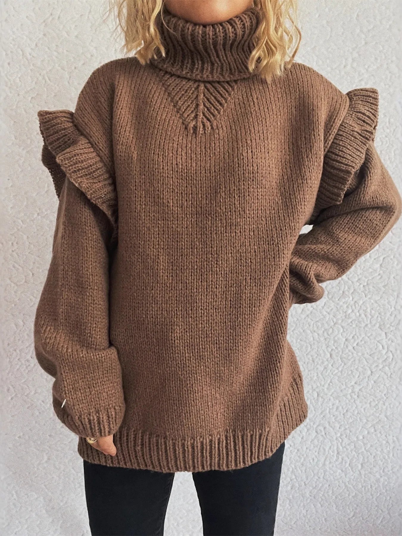 Ruffled Turtleneck Long Sleeve Sweater