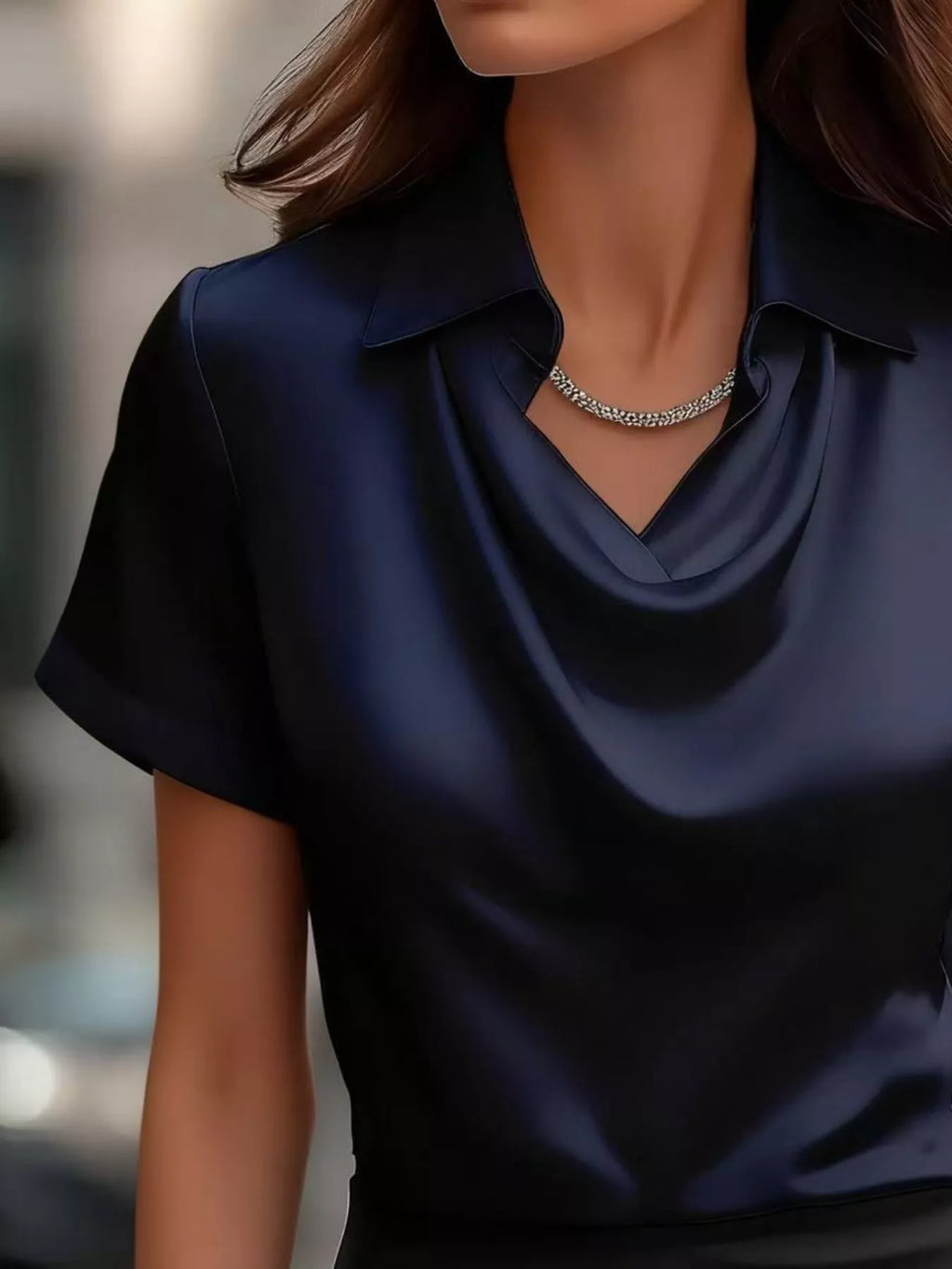 Full Size Cowl Neck Short Sleeve Satin Blouse Plus Size