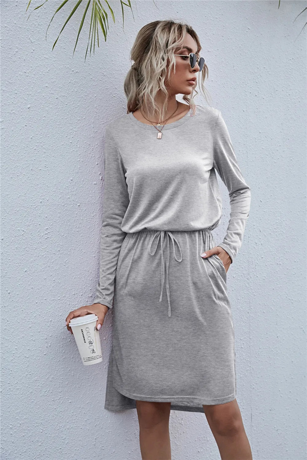 Drawstring Waist Round Neck Long Sleeve Dress