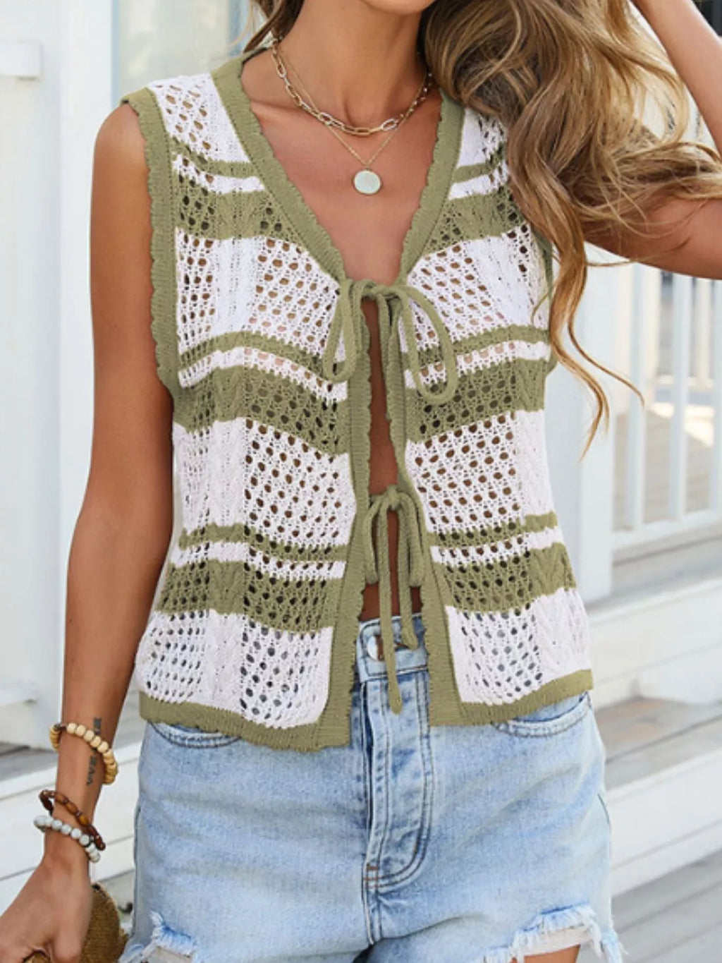 Striped Crochet Tie-Front Cardigan