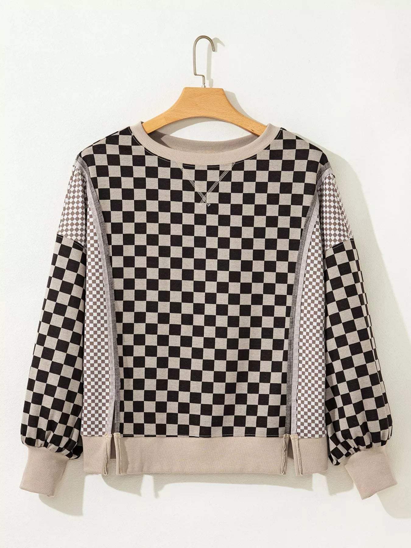 Mixed Checkered Pattern Patchwork High Low Casual Top