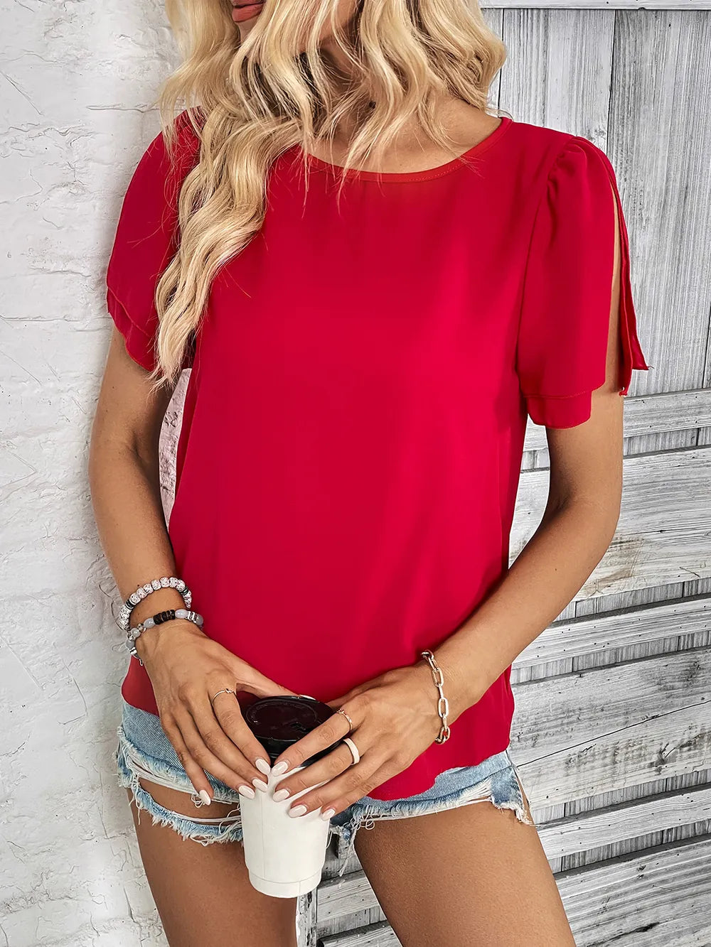 Perfee Round Neck Slit Short Sleeve Top