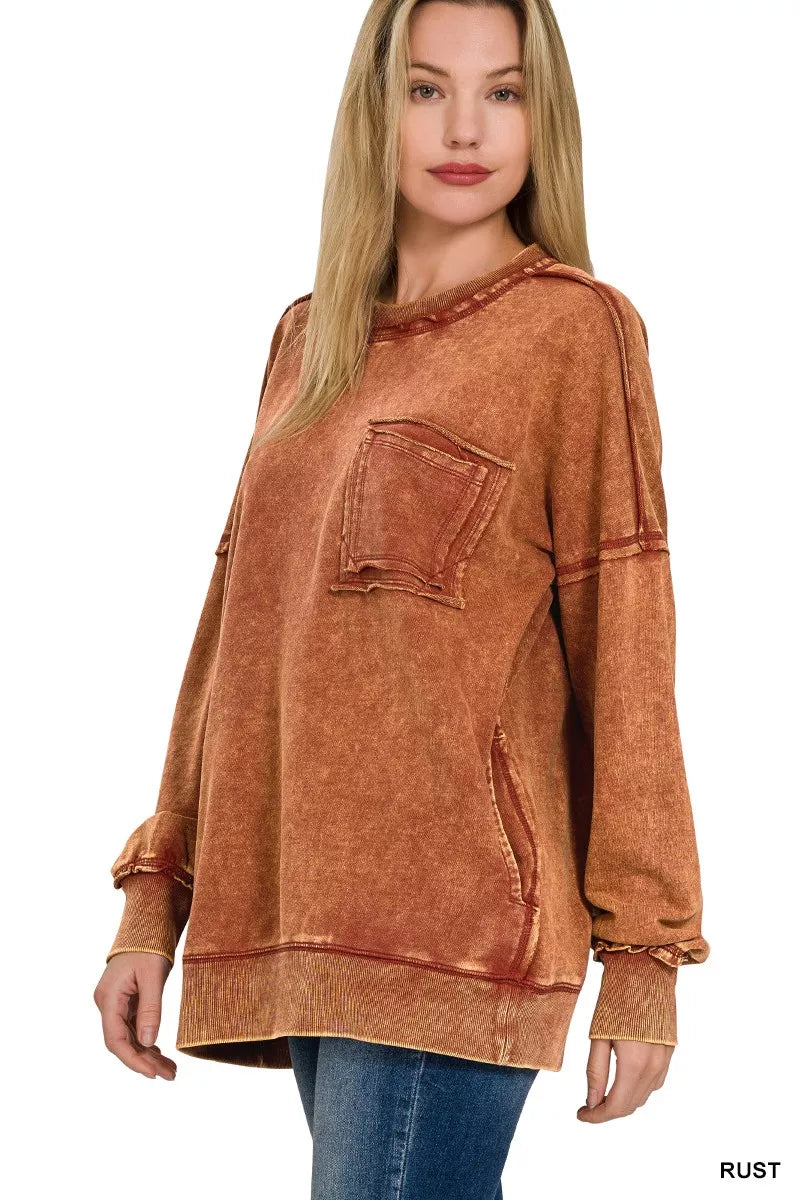 Zenana Acid Wash Raw Edge French Terry Sweatshirt with Front Pocket