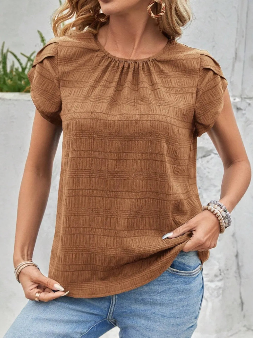 Round Neck Petal Sleeve Top