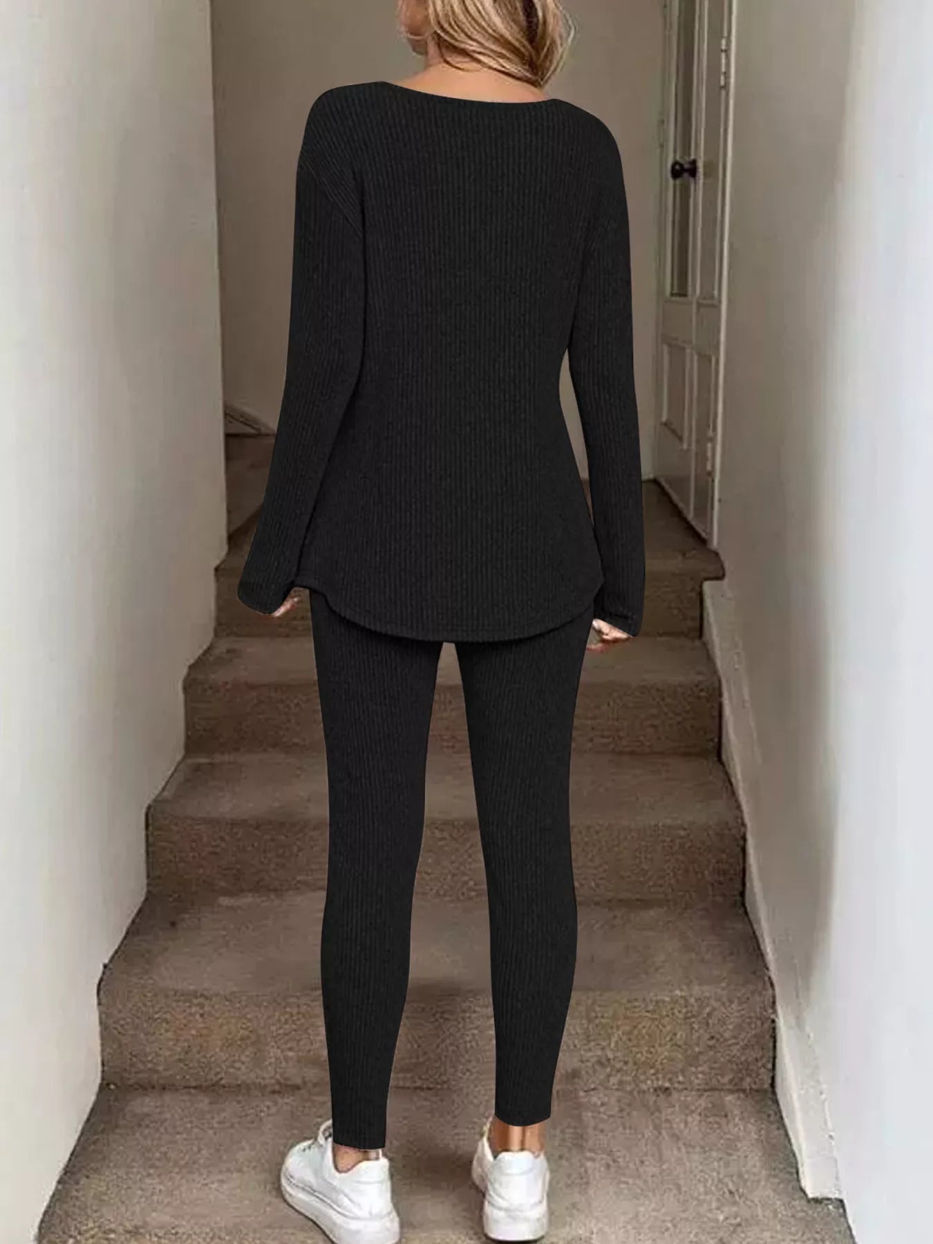 Ribbed Knit Long Sleeve Top and Pants Set