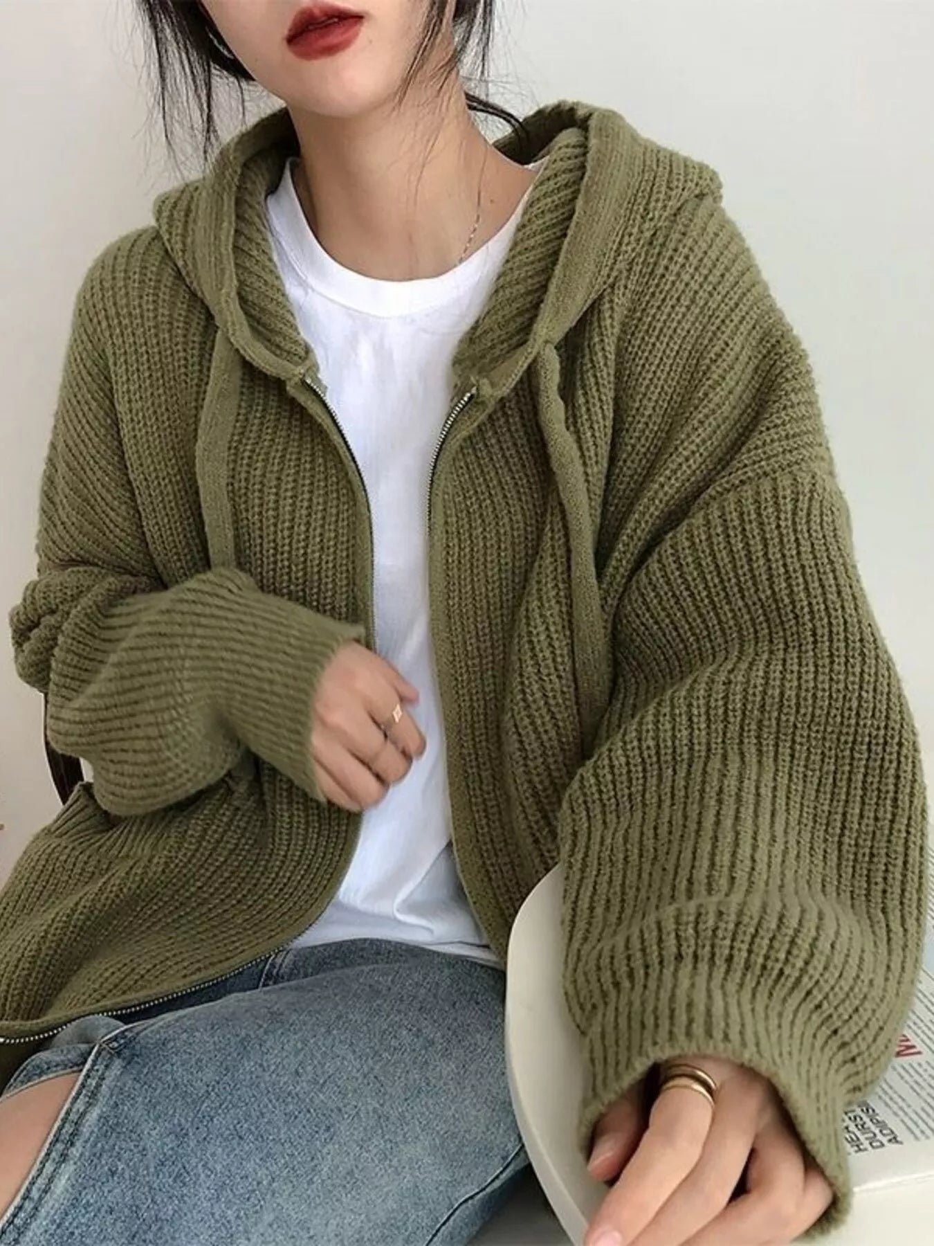 Full Size Casual Knitted Zip-Up Hooded Cardigan Plus Size