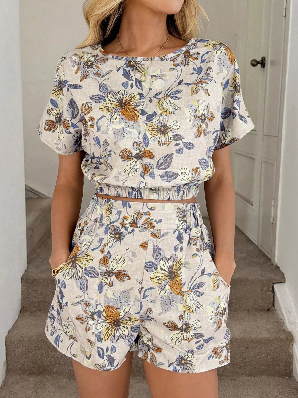 Floral Print Crop Top and Shorts Set