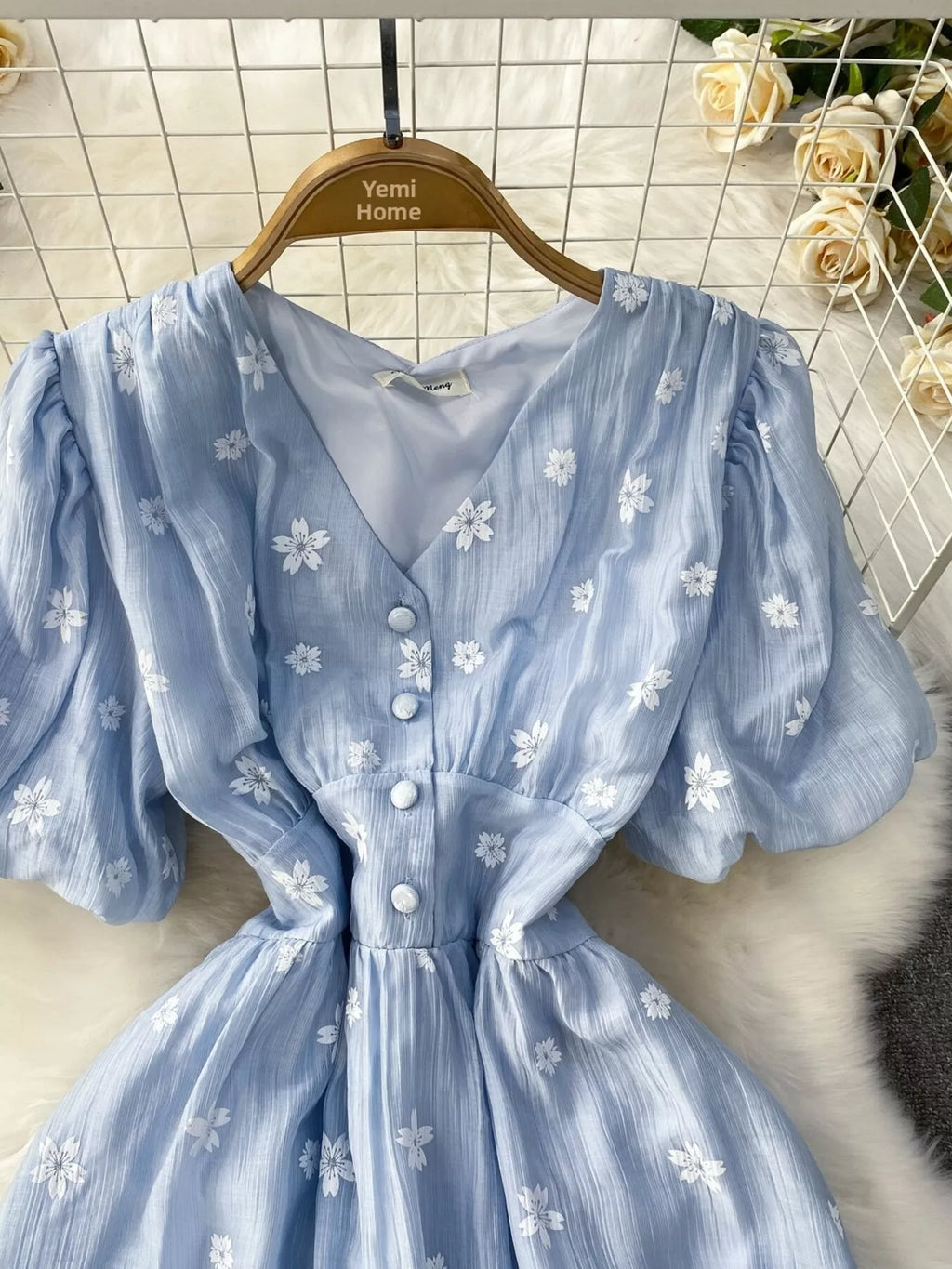 Floral Puff Sleeve A-Line Midi Dress
