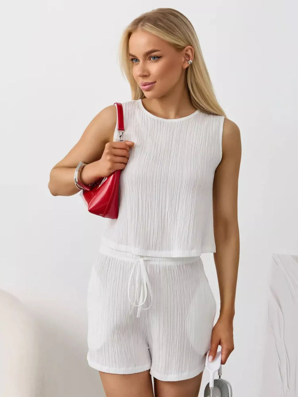 Textured Round Neck Tank and Shorts Set